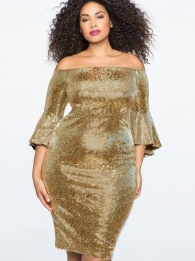eloquii gold sequin dress Long Sleeve Off Shoulder Gold Sequin Dress Off The Shoulder Sequin Column Dress ELOQUII